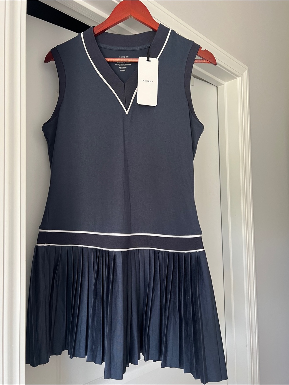 Varley Women’s Navy Dress with White Piping and Pleated Skirt